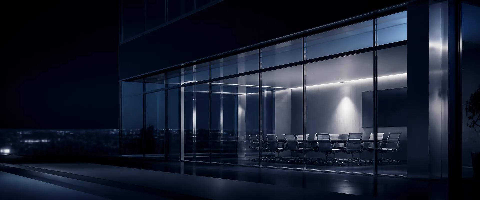 Empty modern glass conference room at night with cool interior light