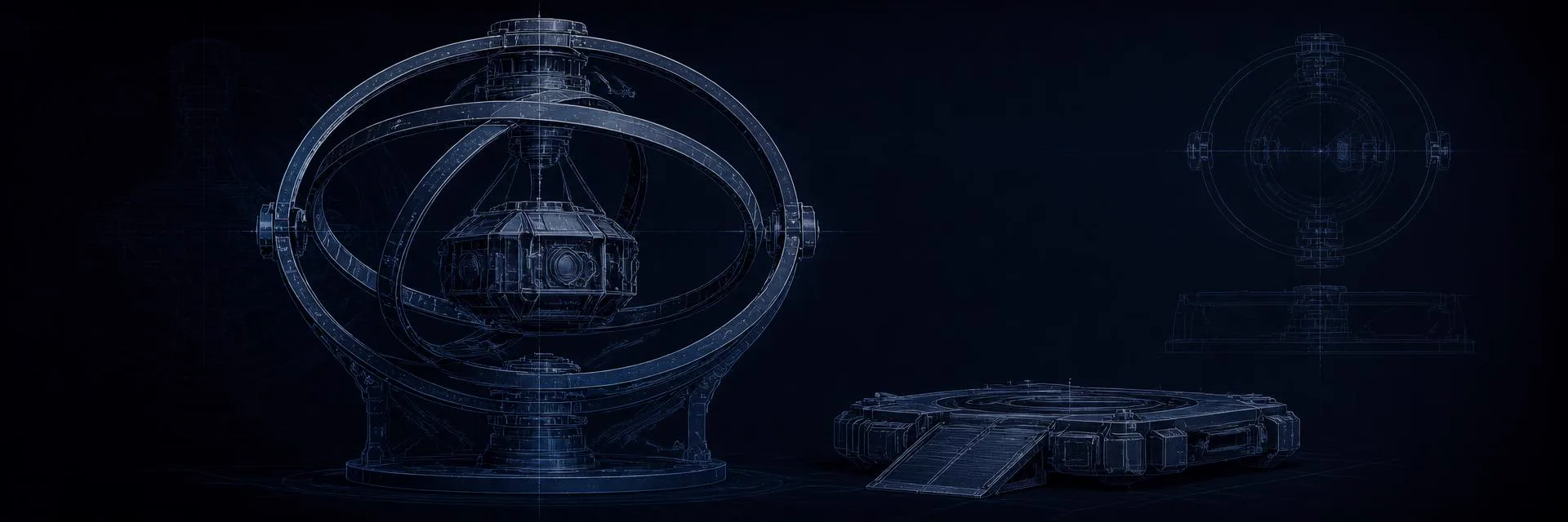 Technical line rendering of gyroscopic rings, payload housing, and a docking platform